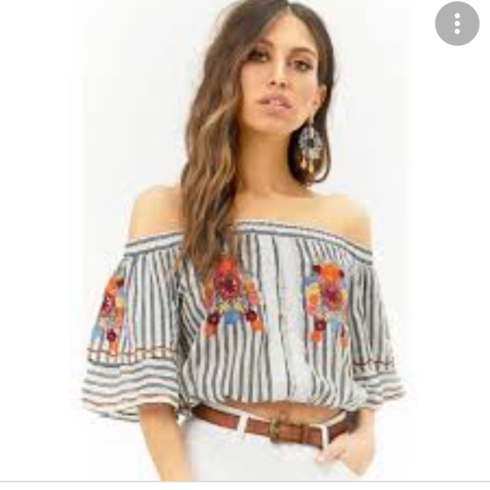 Off the Shoulder Top Embroidered Striped CROP TOP Elastic Waistline